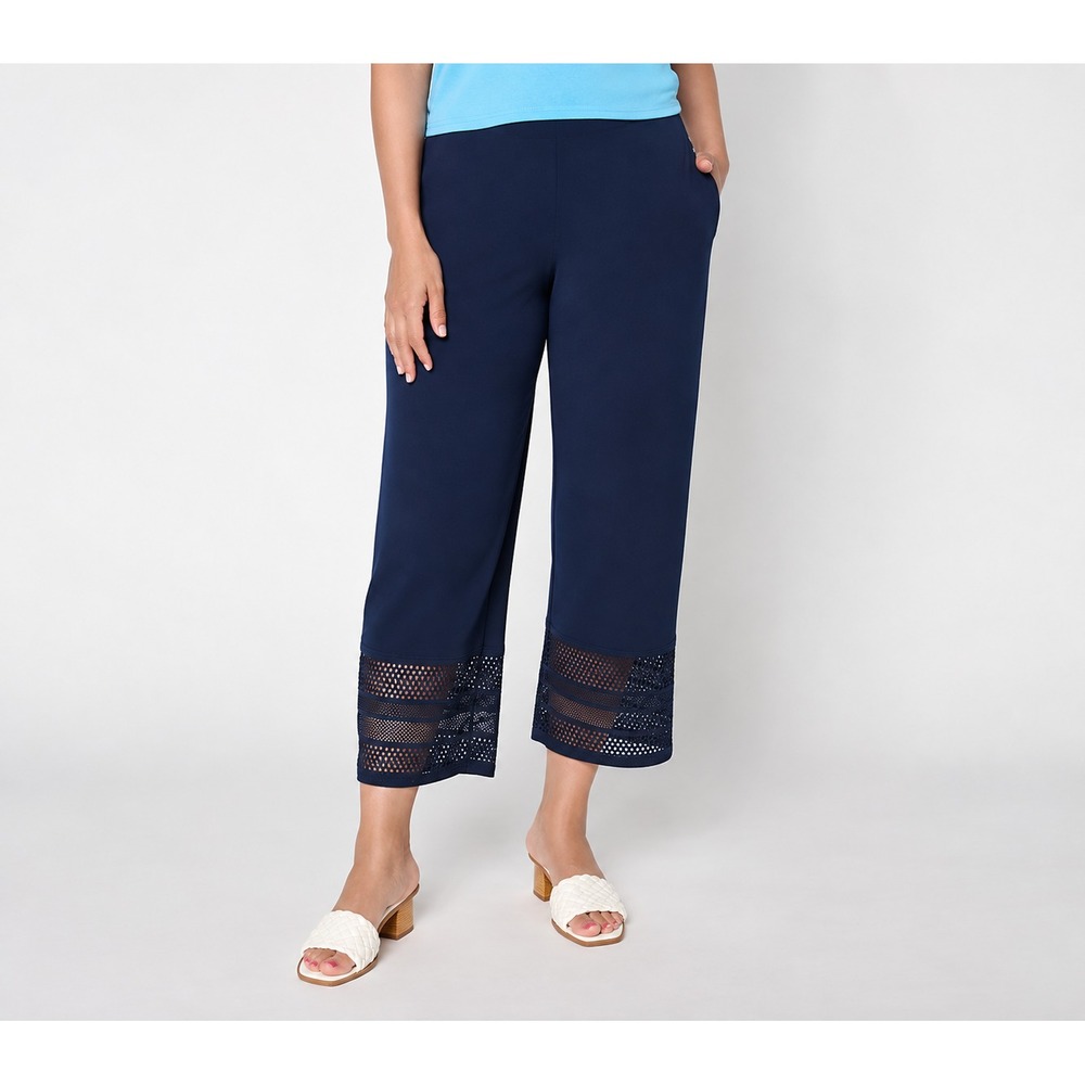 Susan Graver Regular Liquid Knit Crop Pant with Crotchet Lace Navy,Medium
